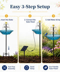 Easy 3-step setup for Solar Fountain Bird Bath For Outdoor Backyard Yard Metal Bird Bath Bowl On Stake 1.45 Gal Water Dispenser For Birds Vintage Blue Garden Decor For Patio Lawn.