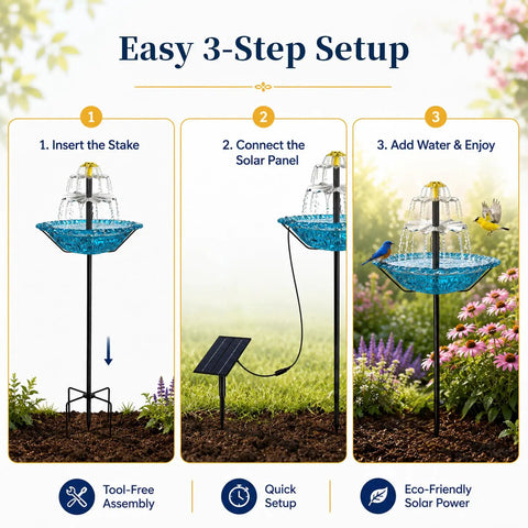 Easy 3-step setup for Solar Fountain Bird Bath For Outdoor Backyard Yard Metal Bird Bath Bowl On Stake 1.45 Gal Water Dispenser For Birds Vintage Blue Garden Decor For Patio Lawn.