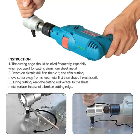 Dual Head Metal Sheet Nibbler Cutter Kit with 360 Degree Adjustable Punch being used to cut metal sheet, drill attachment visible.