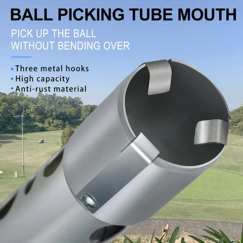 Close-up of 39 Inch Aluminum Golf Ball Picker Tool With Quick Tube Release, showing tube mouth for easy ball retrieval.