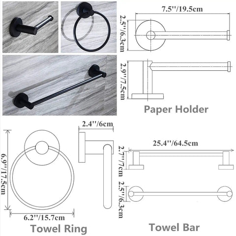 Slick Black Bathroom Hardware Set Wall Mounted 24 Inch Towel Bar Adjustable Toilet Paper Holder Towel Ring Three Piece Lavatory Shower Set With Gift Box For A Modern Bathroom Upgrade diagram and measurements