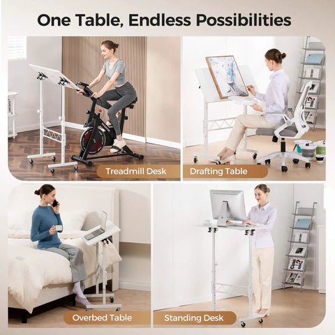 Adjustable Standing Desk With Tilted Tabletop For Home Office Portable Sit Stand Laptop Desk Foldable And Ergonomic Height 30.7 To 46.4 Inches White Perfect For Remote Work And Active Breaks in various uses like treadmill, drafting, overbed, and standing.