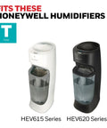 Replacement Wicking Filter T For HFT600 Humidifier 3 Pack fits HEV615 and HEV620 series humidifiers shown in white and black.