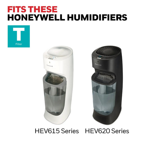 Replacement Wicking Filter T For HFT600 Humidifier 3 Pack fits HEV615 and HEV620 series humidifiers shown in white and black.