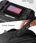 Close-up of All In One Fishing Backpack Tackle Bag fabric, showing water-resistant and scratch-resistant features with flag patch.