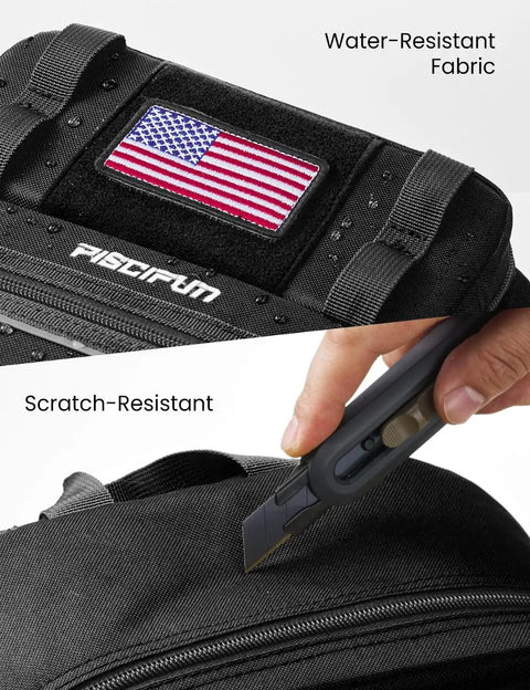 Close-up of All In One Fishing Backpack Tackle Bag fabric, showing water-resistant and scratch-resistant features with flag patch.