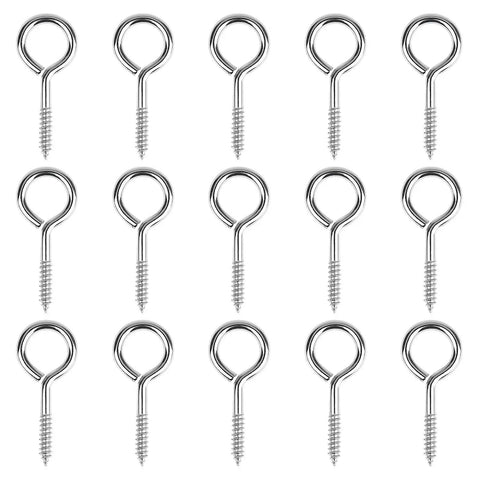 40 Pack 2 Inch Screw Eyes Nickel Plated Steel Self Tapping Eye Hooks Rust Resistant Metal Hardware arranged in rows.