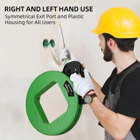Worker using 125 Ft Non Conductive PET Fish Tape Wire Puller with three sixteenth inch cable and ergonomic handle, green tool.