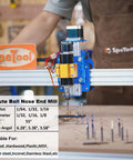 SpeTool 3-piece carbide ball-nose router bit set on a blue CNC router; radii 1/64, 1/32, 1/16
