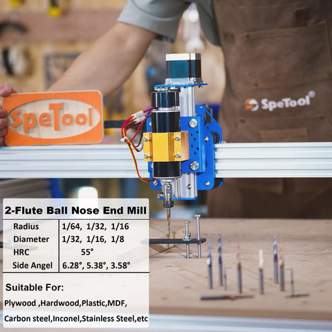 SpeTool 3-piece carbide ball-nose router bit set on a blue CNC router; radii 1/64, 1/32, 1/16
