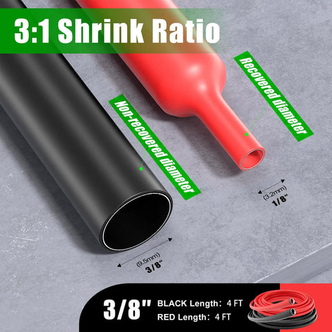 Top Shelf 3/8 Inch Adhesive Lined Marine Grade Heat Shrink Tubing With A Beast Mode Three To One Ratio alongside measurements.
