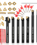 Indexable lathe turning tool kit, 21 pcs with 3/8''-10mm shank, 14 carbide inserts, 7 tool holders, hex wrench