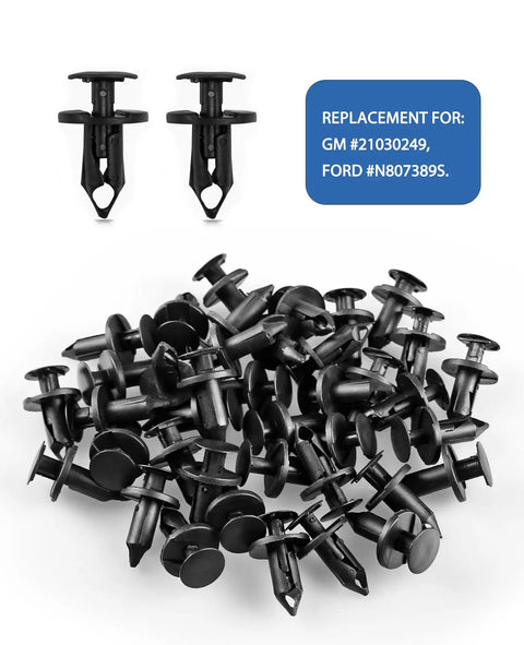 Replacement clips for GM #21030249, Ford #N807389S in a large pile, part of 120 Go-To M4.2 Universal Fender Liner Kit with Hex Head Screws.