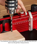 Drilling with the Dead Nuts Straight 36 By 36 Inch Drill Press Table Master System featuring tall adjustable fence and thumbwheel micro-adjuster.