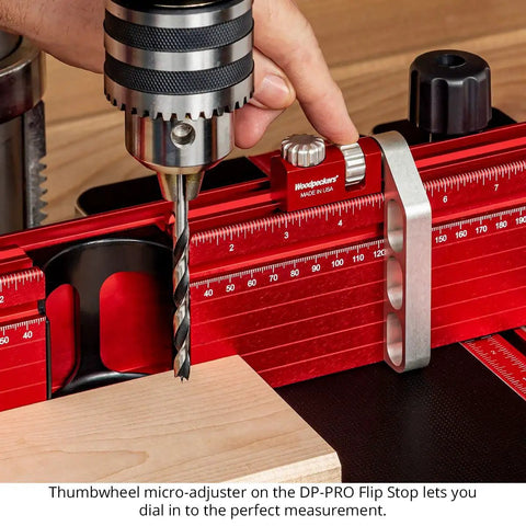 Drilling with the Dead Nuts Straight 36 By 36 Inch Drill Press Table Master System featuring tall adjustable fence and thumbwheel micro-adjuster.