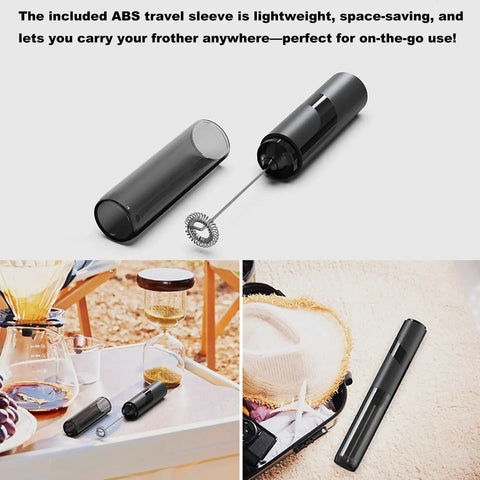 Handheld Milk Frother With Cover, 15 Second Silent Drink Mixer, Travel Ready Battery Powered Stainless Steel Whisk For Coffee Matcha And Shakes, Ultra Fast Foam In Seconds, Compact On The Go Foam Maker displayed with travel sleeve on tables and outdoors