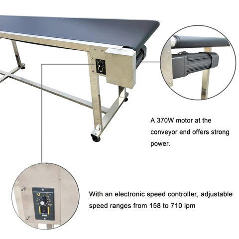 PVC Belt Conveyor With Stainless Steel Frame Heavy Duty 177 Inch Long By 11.8 Inch Wide Adjustable Speed Electric Conveyor With Double Guard Rails Non Slip Rubber Base Support Roller And 110 Lb Load Capacity showing 370W motor and speed controller