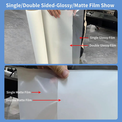 Person holding Double Sided Glossy DTF Transfer Film Roll 13 Inch By 328 Feet PreTreat PET with single/double film comparison.