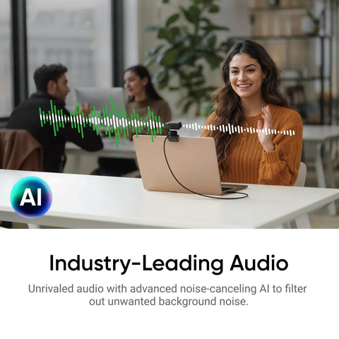 Next Level PTZ 4K Webcam For PC And Mac with advanced noise-canceling mic and AI audio technology used in a modern office.