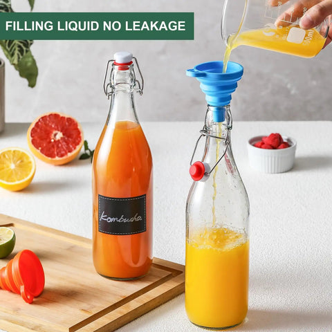 Eight Pack Of 33 Oz Swing Top Glass Bottles With Secure Caps And Lead Free Design Top For Brewing Kombucha And Syrups Includes Funnels Pourers Spare Rings And Waterproof Stickers So You Can Store Your Batch Straight Up No Drama And Keep Your Space