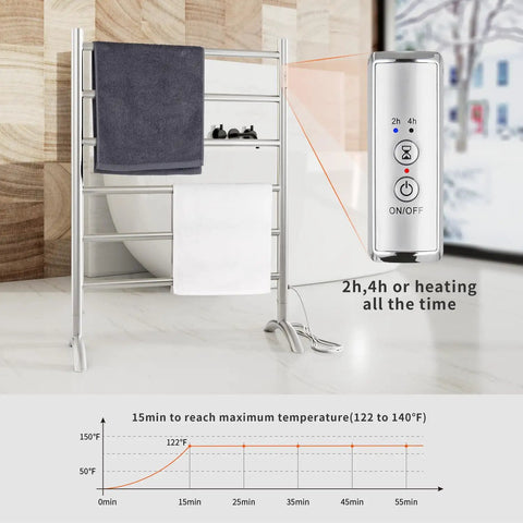 Freestanding 6 Bar Towel Warmer With Plug-In Option, 3 Modes, Brushed Stainless Steel, 24 In Wide By 34 In High, Built-In Timer