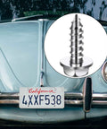 Stainless Steel License Plate Screws Kit 50 Pcs Rustproof Bolts Three Quarters Inch By One Quarter Inch shown with car