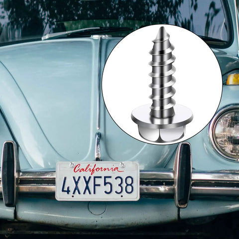 Stainless Steel License Plate Screws Kit 50 Pcs Rustproof Bolts Three Quarters Inch By One Quarter Inch shown with car