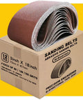 Premium 3X18 Sanding Belt Pack 12 Piece Set Featuring Aluminum Oxide 80 120 150 Grit Assortment in a box with sanding belts.