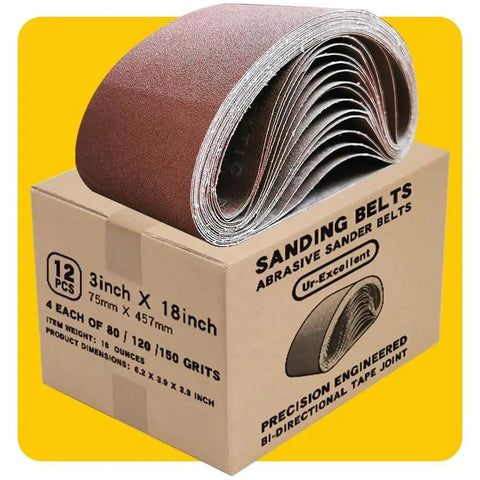 Premium 3X18 Sanding Belt Pack 12 Piece Set Featuring Aluminum Oxide 80 120 150 Grit Assortment in a box with sanding belts.