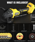 Heavy Duty Cordless Angle Grinder Four And Half Inch Smashes Through Steel With Brushless Motor and included accessories.