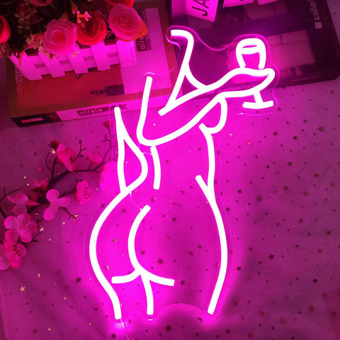 Lady Back Neon Sign Dimmable LED Neon Light Sexy Lady Decor For Bedroom Bar Party Ideal For Man Cave Home Decor Gift Bright Colorful Neon Wall Art Glow, pink silhouette of lady with wine glass, 400x290mm