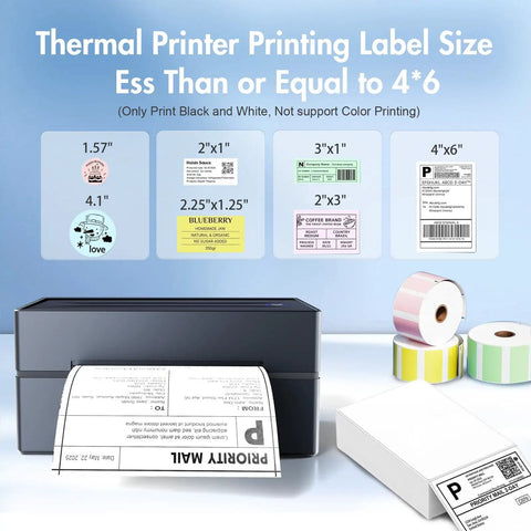 Bluetooth Thermal Shipping Label Printer For Small Biz - 4x6 Wireless Label Maker printing various label sizes with rolls and sheets visible.