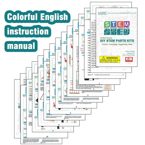 Colorful English instruction manual for 465 Piece DC Motor Kit For DIY STEM Projects With LED Lights Vanes Propeller AA Battery Holder