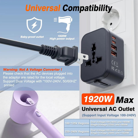 Worldwide Travel Power Adapter With 1 USB C And 3 USB A Ports, All In One GaN Smart Wall Charger plugged into outlet