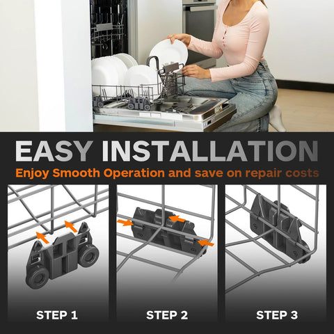 Easy installation steps for Upgraded Four Pack Dishwasher Lower Rack Wheels Replacement Compatible With Whirlpool, GE, Kenmore And Other Major Brands.