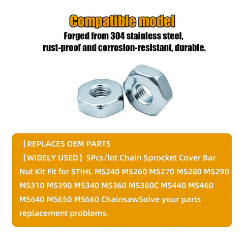 Sprocket Cover Bar Nut Kit For Stihl MS171 MS181 MS192T MS211 MS231 MS251 MS291 MS311 MS361 MS362 MS391 MS441 MS461 Chainsaws Replacement Parts Pack Of 2, showcasing close-up of two stainless steel nuts on white background.