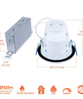 4 Inch Canless Recessed LED Downlight For Sloped Ceilings With Adjustable Tilt From 9 To 45 Degrees, Tunable Color Temperature 2700K To 5000K, Dimmable 900 Lumens, IC Rated, No Housing Required, shown with dimensions and features icons.