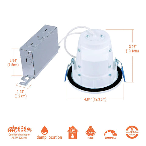 4 Inch Canless Recessed LED Downlight For Sloped Ceilings With Adjustable Tilt From 9 To 45 Degrees, Tunable Color Temperature 2700K To 5000K, Dimmable 900 Lumens, IC Rated, No Housing Required, shown with dimensions and features icons.