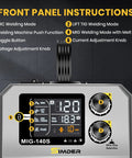 Front panel of 140A 3 In 1 MIG Flux Core Stick Lift TIG Welder with dual voltage settings and adjustment knobs