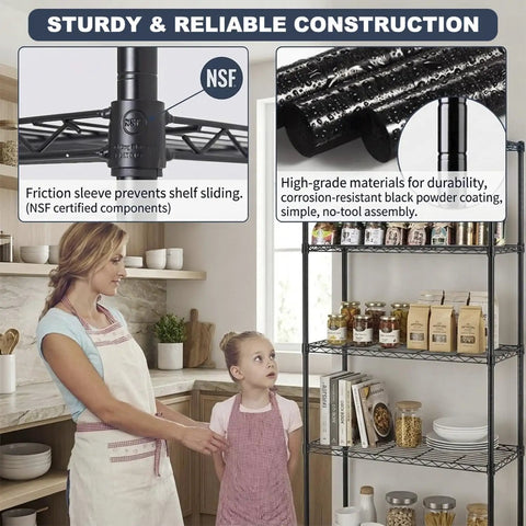 Rock Solid Five Tier Heavy Duty Wire Shelving Unit With Adjustable Metal Storage Shelves For Garage Closet Pantry, Black Corrosion Resistant Rack Holds Two Hundred Fifty Pounds Per Shelf Built To Last