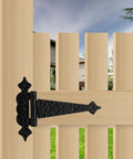 6 Inch Decorative Hammered Steel Rust Resistant Heavy Duty T Hinges Outdoor Tee Hinges installed on wooden fence