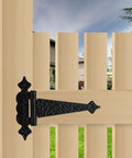 Heavy Duty T Strap Gate Hinges 6 Inch Decorative Hammered Finish Rust Proof Steel on wooden gate.