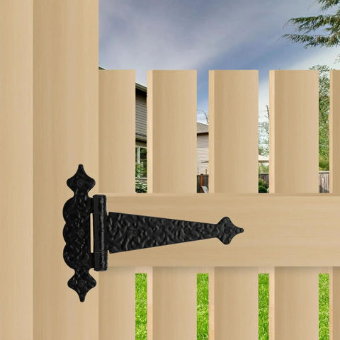 Heavy Duty T Strap Gate Hinges 6 Inch Decorative Hammered Finish Rust Proof Steel on wooden gate.