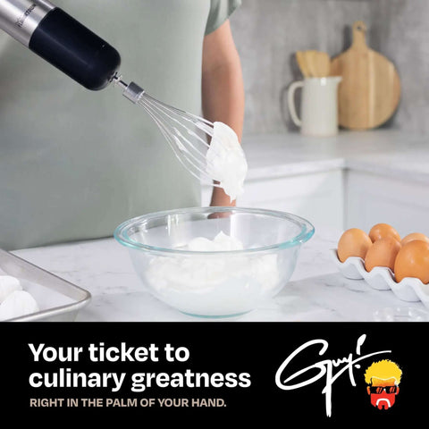 Pretty Dang Powerful Immersion Blender With 400W DynamicShaft Tech And One Hand Speed Control For Zero Fuss Soups Sauces And Smoothies Featuring Comfort Grip Handle total splatter free blending action mixing cream in bowl.