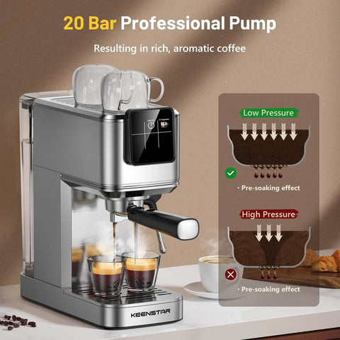 Kickin 20 Bar Espresso Maker With Rapid Cold Brew Touchscreen Panel showing steam brewing espresso shots in glasses.