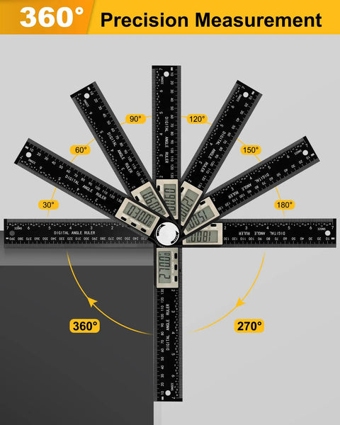 Heavy Duty Digital Protractor And Angle Finder With Bright LCD Screen showing 360 degree measurement angles for woodworking.