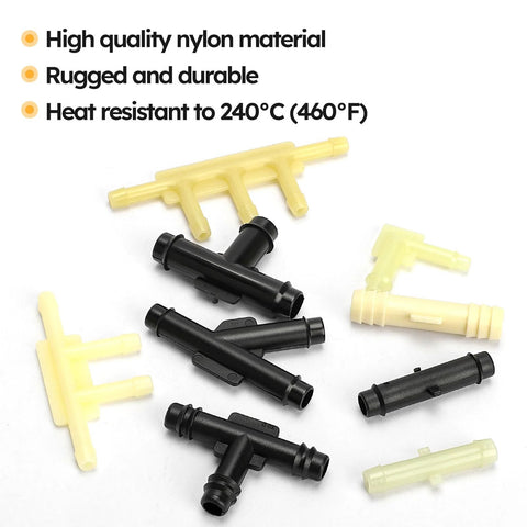 Automotive vacuum tubing connector kit (front view), 159-piece; yellow/black plastic tees and elbows, 1/8–3/8 in