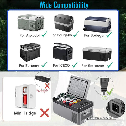 Wide compatibility chart for Heavy Duty 7 Pin Trailer Plug To DC 12V Power Cord Cable for various portable coolers.