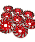 8 Piece Straight Up Heavy Duty 4 Inch Turbo Diamond Cup Grinding Wheel For Angle Grinders with red color and segmented design.