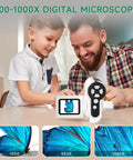 3 In 1 Handheld Microscope With 2 Inch LCD Screen 1000X Zoom For Kids Ages 8 To 12 Portable Mini Scope With LED Light Includes 32GB Card And 5 Sample Slides Awesome Halloween Christmas Birthday Gift, 2-inch LCD display